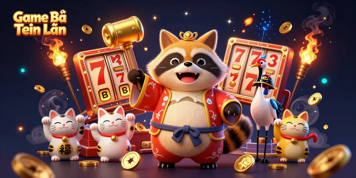 Play Game Bài Tiến Lên at the vibrant casino scene featuring a cheerful tanuki and good luck symbols