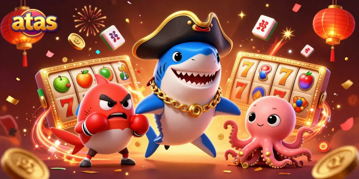 Experience exciting wins at atas casino with a dynamic scene of a pirate shark and friends among spinning slot reels.