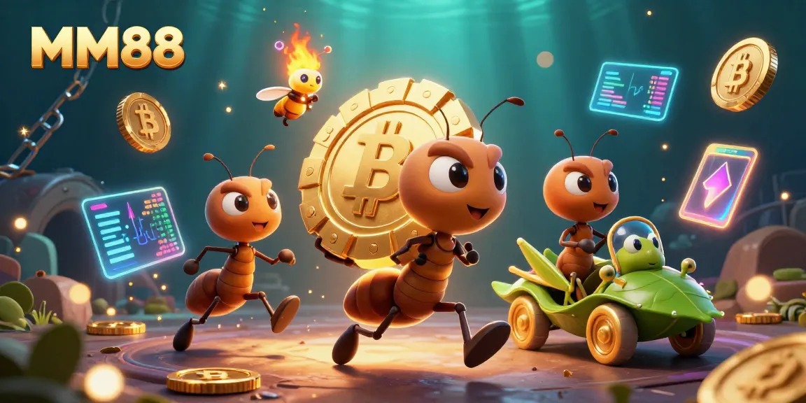 MM88 ants escape with a giant poker chip, surrounded by crypto coins and casino elements.