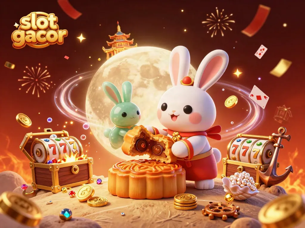Experience thrilling slot gacor action as the moon rabbit reveals poker chips amidst a colorful, festive casino scene.