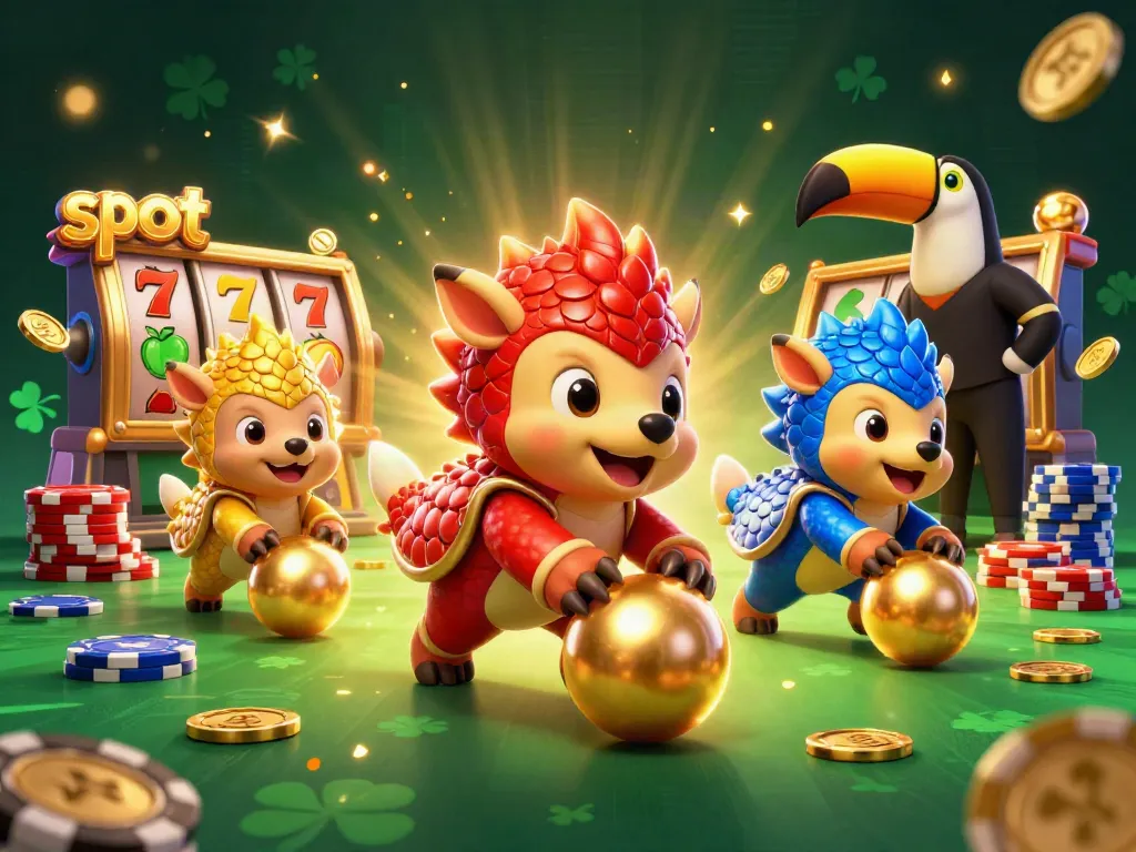 Spin the slot reels with a dynamic 3D scene showcasing rival pangolins in a vibrant casino environment.