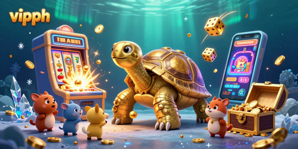 Experience excitement at vipph with a colossal tortoise pinball machine amidst a vibrant casino scene.
