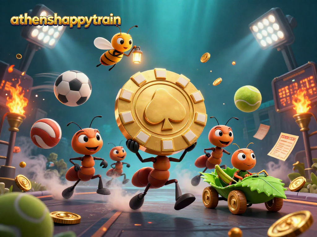 Ants stealing a golden chip with a firefly lookout in a vibrant athenshappytrain casino scene.
