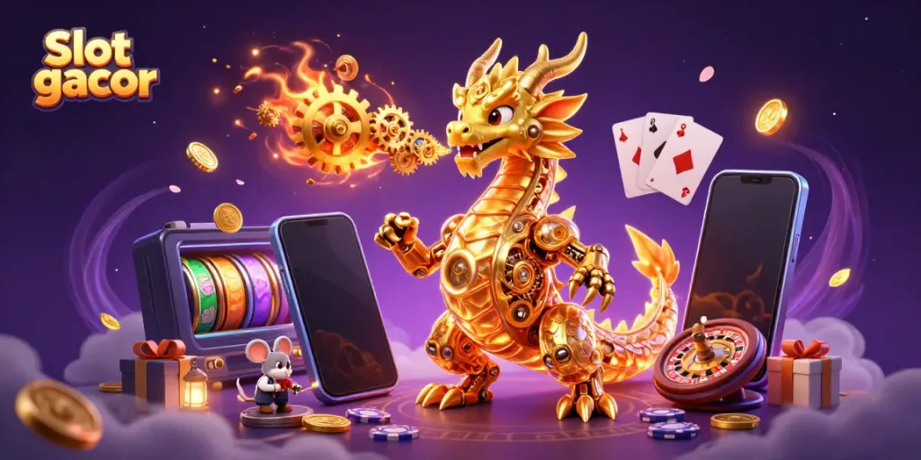 Experience thrilling Slot gacor gameplay with a golden dragon and vibrant casino elements in this dynamic illustration.