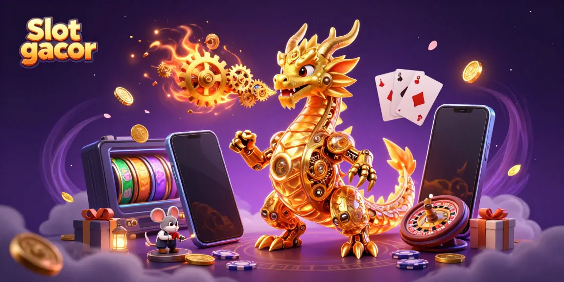 Experience thrilling Slot gacor gameplay with a golden dragon and vibrant casino elements in this dynamic illustration.