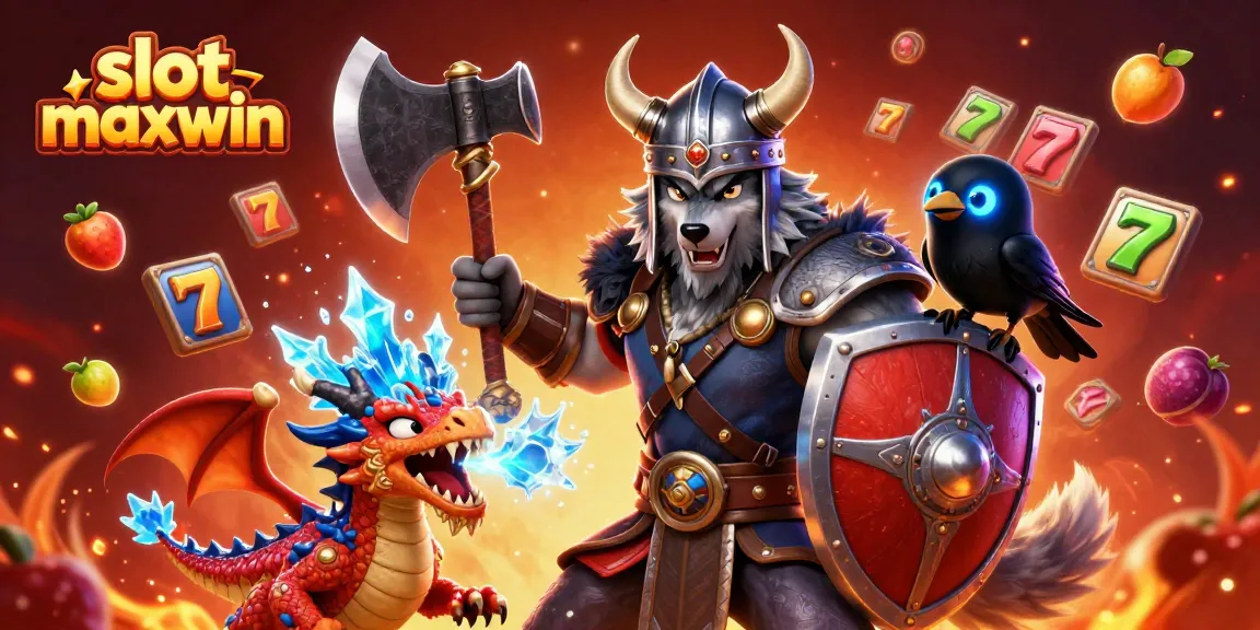 Visualisasi slot maxwin dengan karakter Viking dan simbol slot warna-warni.