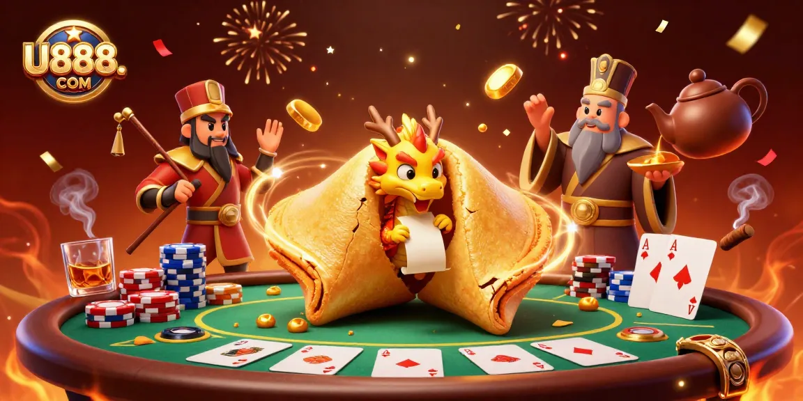 Engage with rewards at U888. COM featuring a fantasy scene of a golden fortune cookie and poker elements.