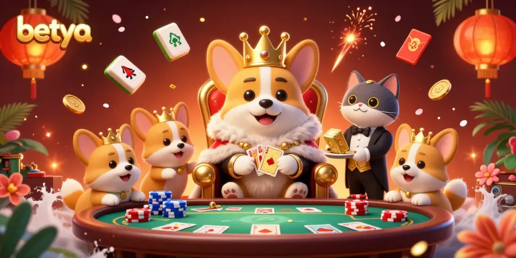 Engage in exciting gameplay at betya with a vibrant scene of corgis and a butler in a rich casino setting.