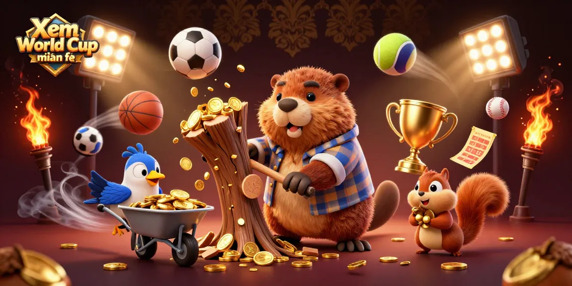 Xem World Cup miễn phí while enjoying a thrilling sports betting scene with animated characters and vibrant visual effects.