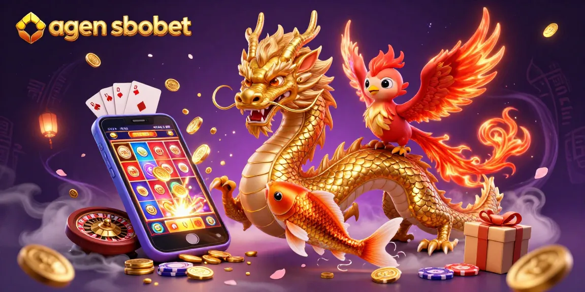 A vibrant 3D illustration of agen sbobet showcases a golden dragon, a phoenix, and coins amidst dynamic casino elements.