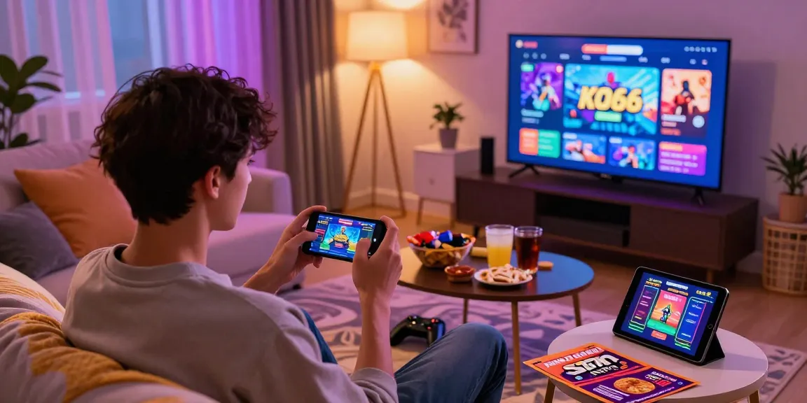 Enjoying KO66 gaming app on smartphone in a cozy living room