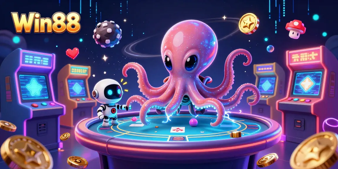 Experience thrilling games at Win88 with an alien octopus engaging at a holographic poker table.