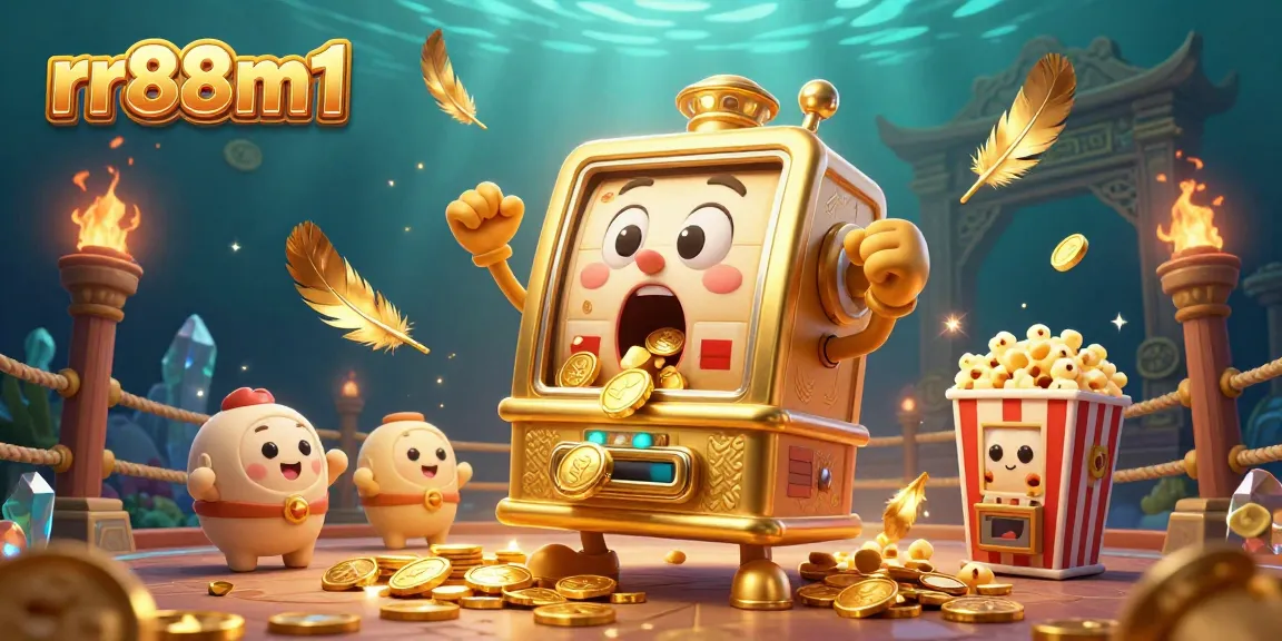 rr88m1 slot machine celebrates hitting a jackpot, surrounded by cheering baby slots and golden coins.