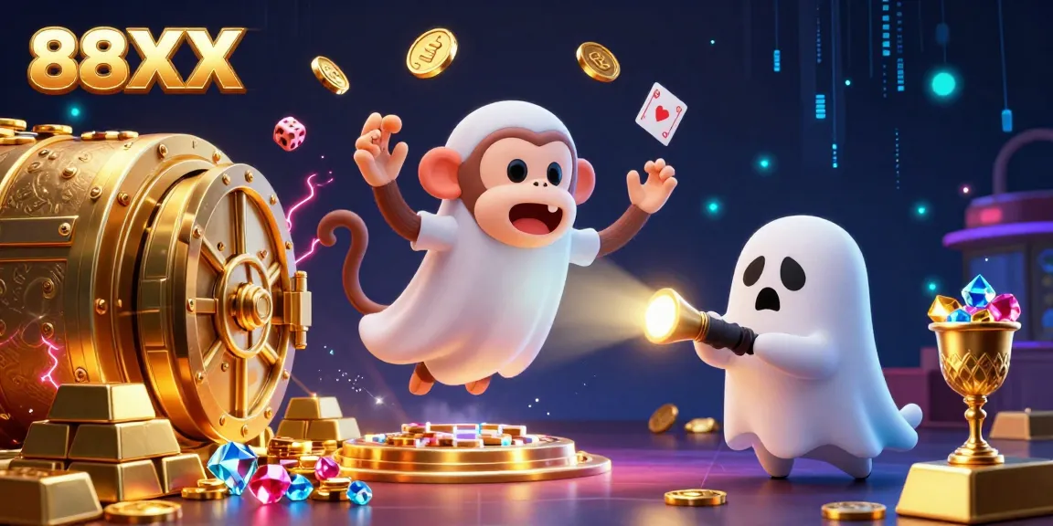 Bet on thrilling games at 88XX as a mischievous poltergeist monkey juggles gold coins and cards in a haunted casino.
