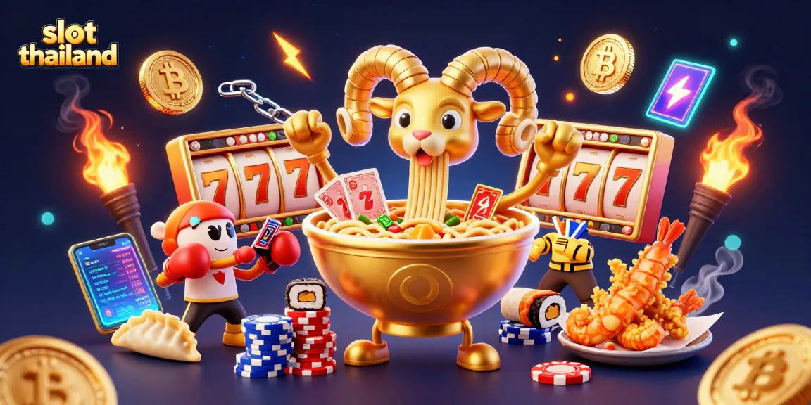Engage with slot thailand by experiencing a vibrant 3D cartoon scene with a golden ramen bowl dealing cards and lively casino elements.