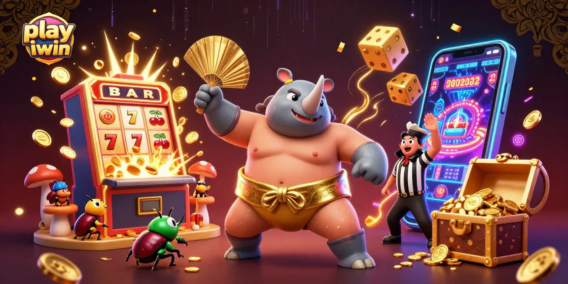 Play iwin with a vibrant 3D casino scene featuring a sumo champion and golden coins.