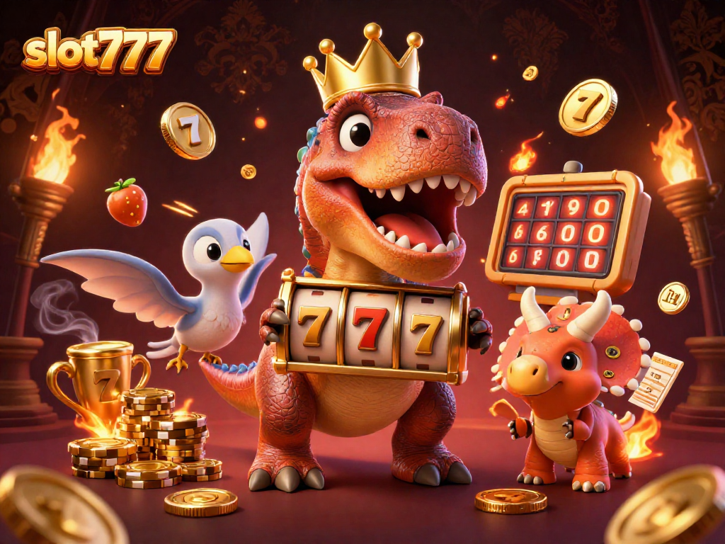 Melihat slot777, T-Rex dan teman-teman Dinosaurus memainkan slot dengan chip emas dan simbol keberuntungan.