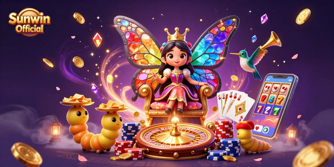Experience the magic of Sunwin Official with a vibrant casino illustration featuring a butterfly queen and gold coins.
