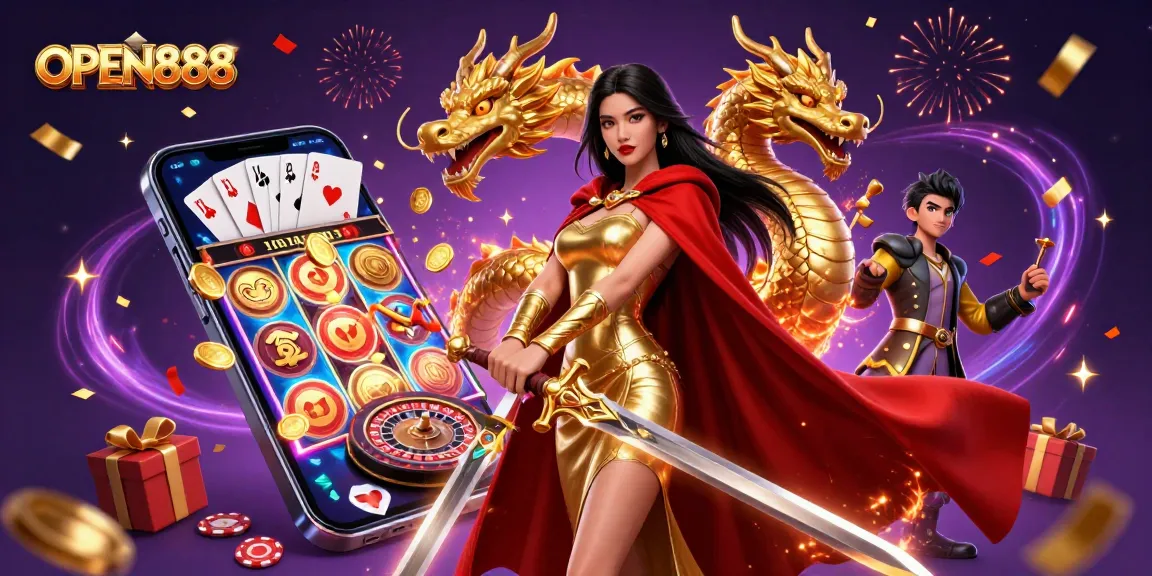 Experience the thrill of OPEN888 with vibrant casino elements and epic visuals.