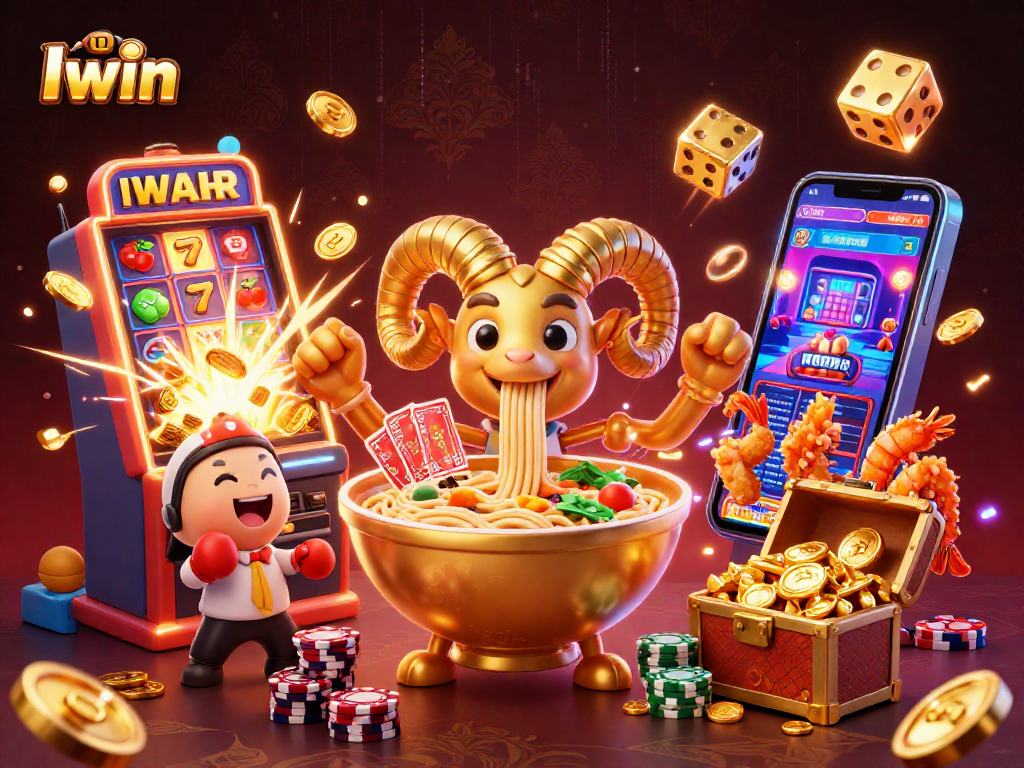 Iwin casino illustration with a vibrant ramen bowl character surrounded by slot machines and jackpots.