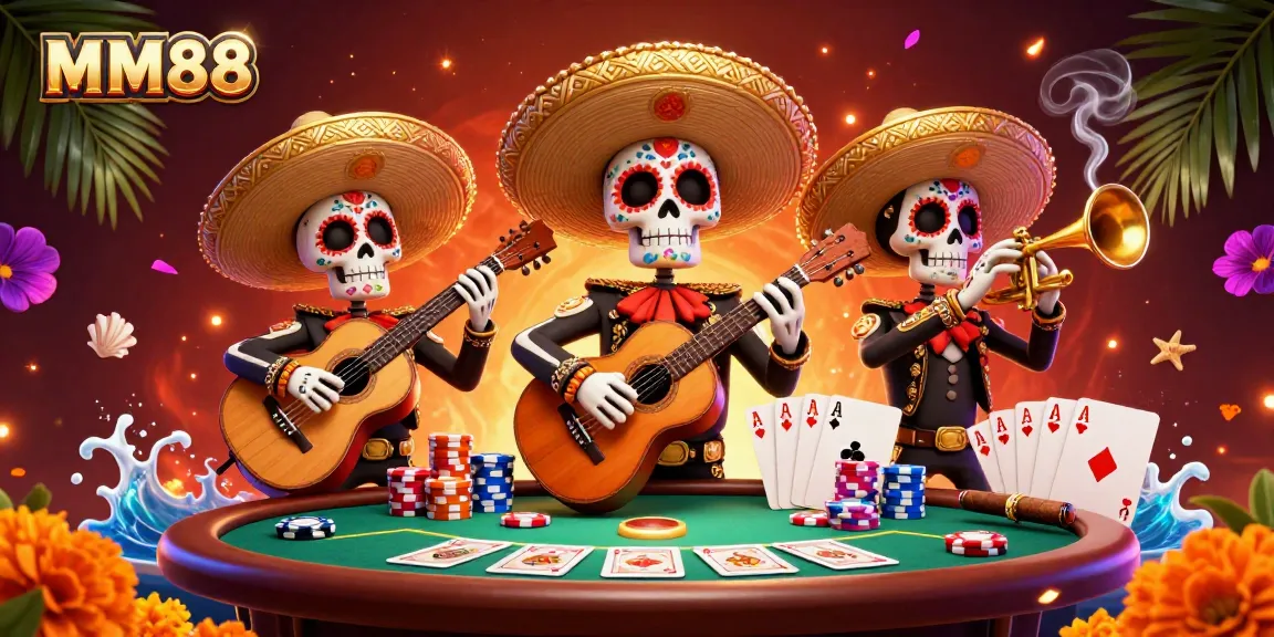Experience winning poker strategies with MM88's vibrant Dia de los Muertos casino scene, showcasing action and excitement.