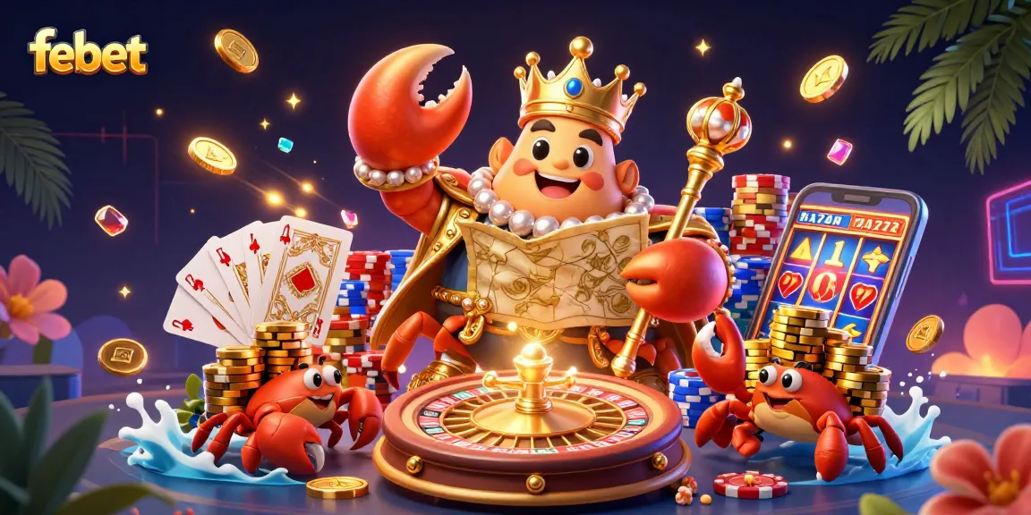 Bet big at febet with a vibrant scene of a golden crab emperor amid casino excitement and winning moments.
