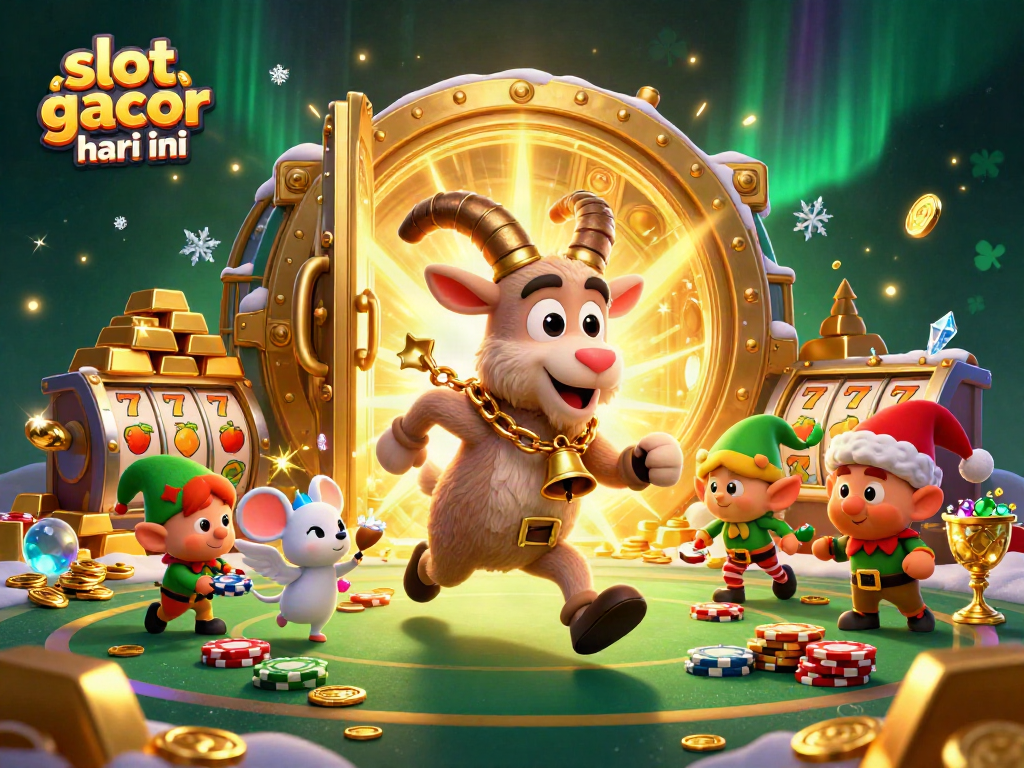 Engage with slot gacor hari ini in a dynamic casino scene with festive characters and vibrant treasures.