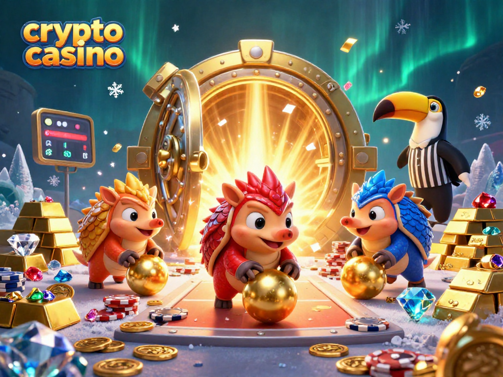 Engaging scene with pangolins in a crypto casino, rolling poker chips, and vibrant treasures.