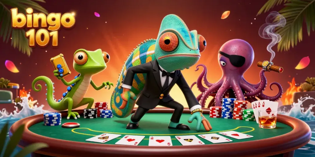 Experience exciting gameplay with bingo 101 in this dynamic 3D illustration featuring casino-themed characters and vibrant action.