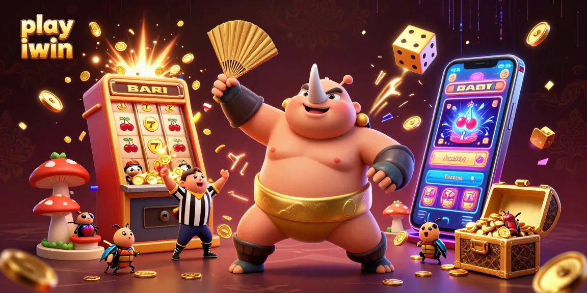Play iwin alongside a colorful casino game showcase featuring vibrant flying symbols and rich gold