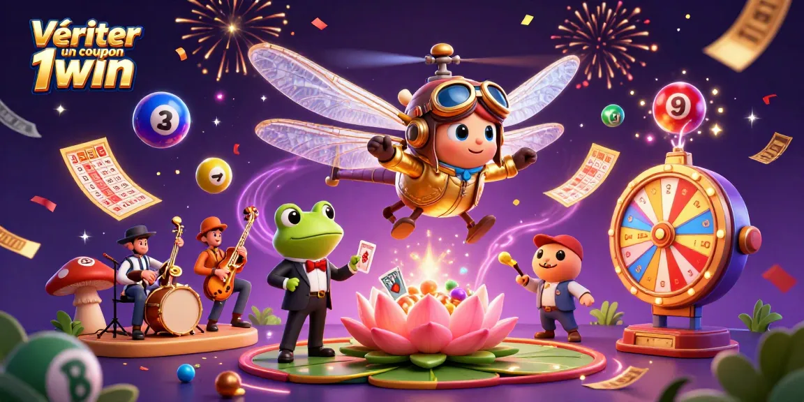 Vérifier un coupon 1win avec un pilote de libellule cartoon et un croupier grenouille dans un casino.