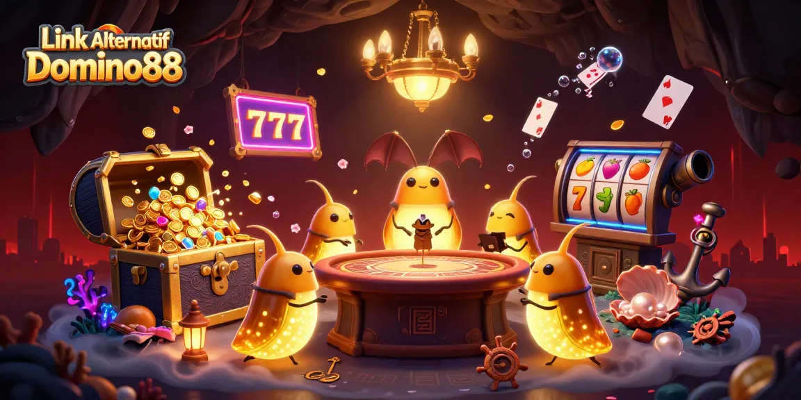 Engage with Link Alternatif Domino88 through a vibrant 3D casino scene depicting glowworms and fun gaming elements.