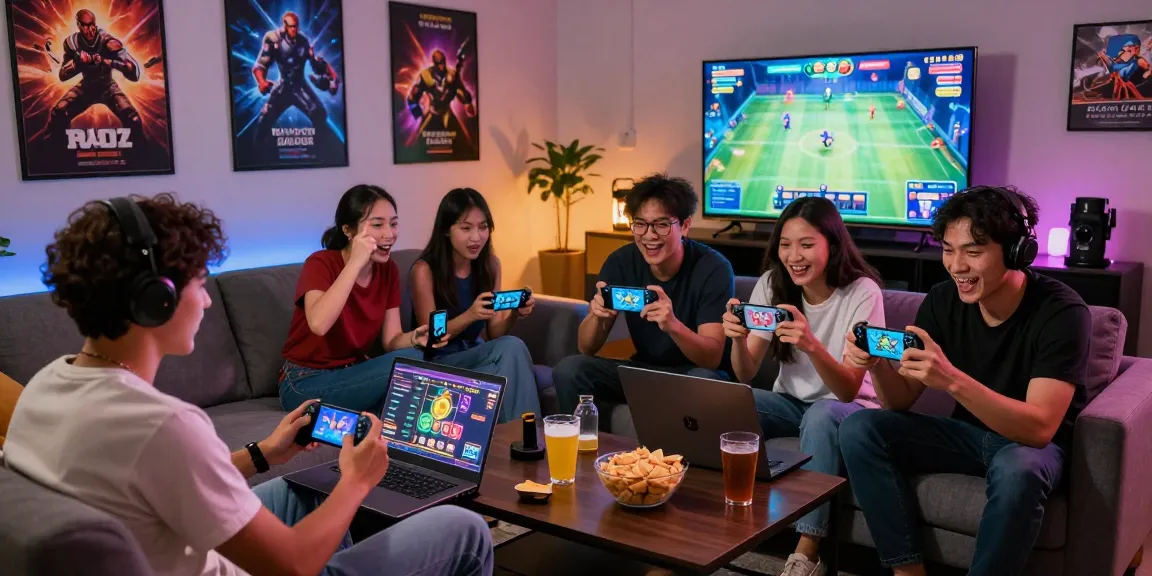 Teman bermain SLOT GACOR di ruang tamu dengan perangkat gaming dan suasana ceria.