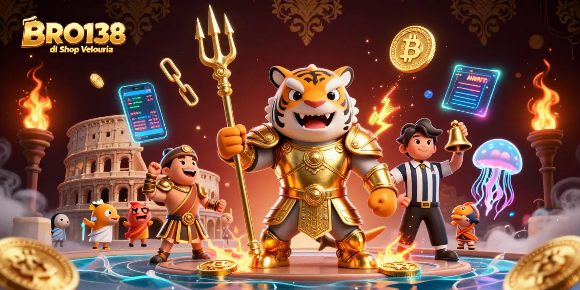 BRO138 di Shop Velouria features a dynamic underwater gambling scene with a tiger shark, crypto coins, and game excitement.