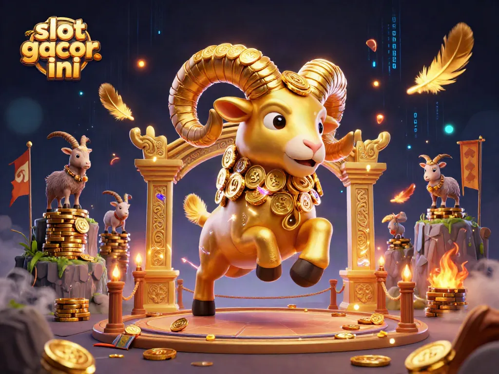 Slot gacor malam ini menampilkan domba emas raksasa mengisi arena judi yang spektakuler, dikelilingi simbol keberuntungan.