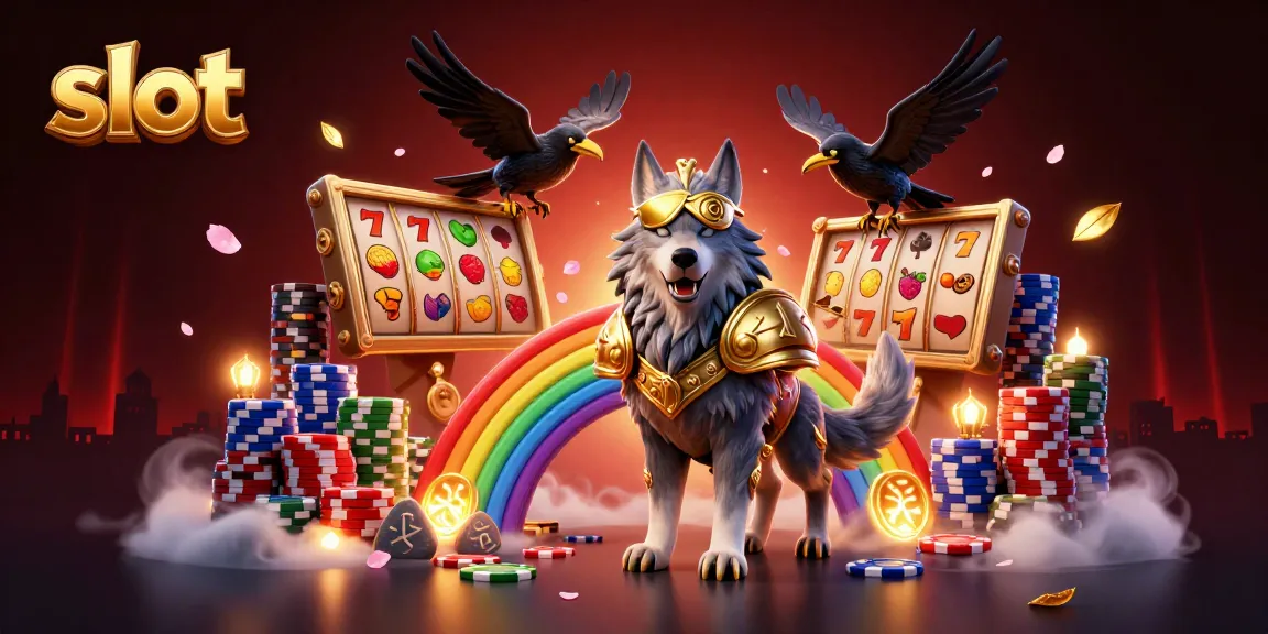 Slot gacor menampilkan Odin dan dua gagak, berlatar jembatan chip kasino.