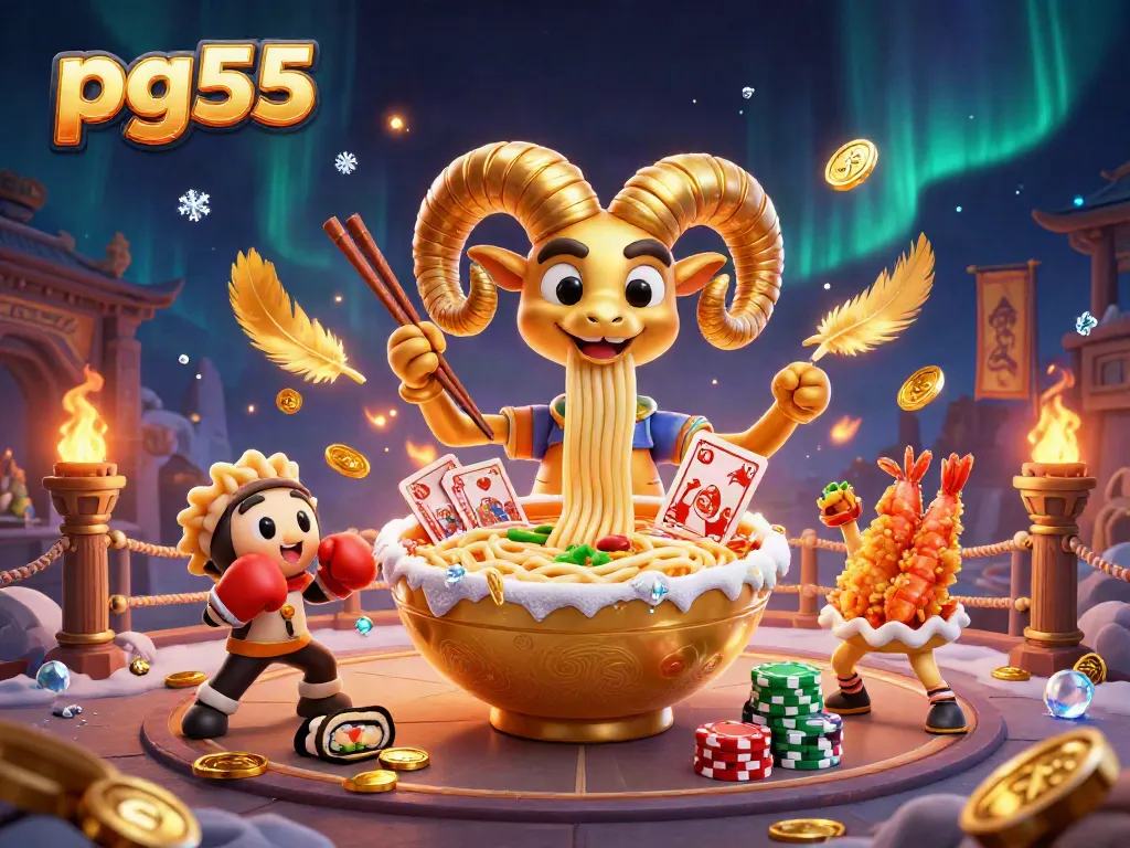 Engage with pg55 gameplay featuring a vibrant 3D illustration of a ramen bowl character dealing cards amidst a casino setting.