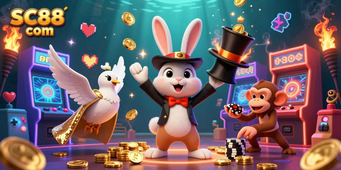 Engage with thrilling experiences at SC88 com, where a magician rabbit unveils golden treasures among vibrant casino elements.