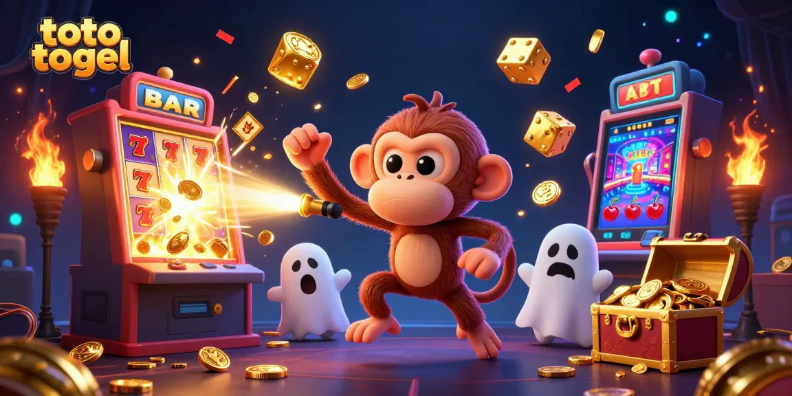 Experience exciting toto togel gaming with a mischievous monkey and ghost-hunter puppy in a vibrant casino
