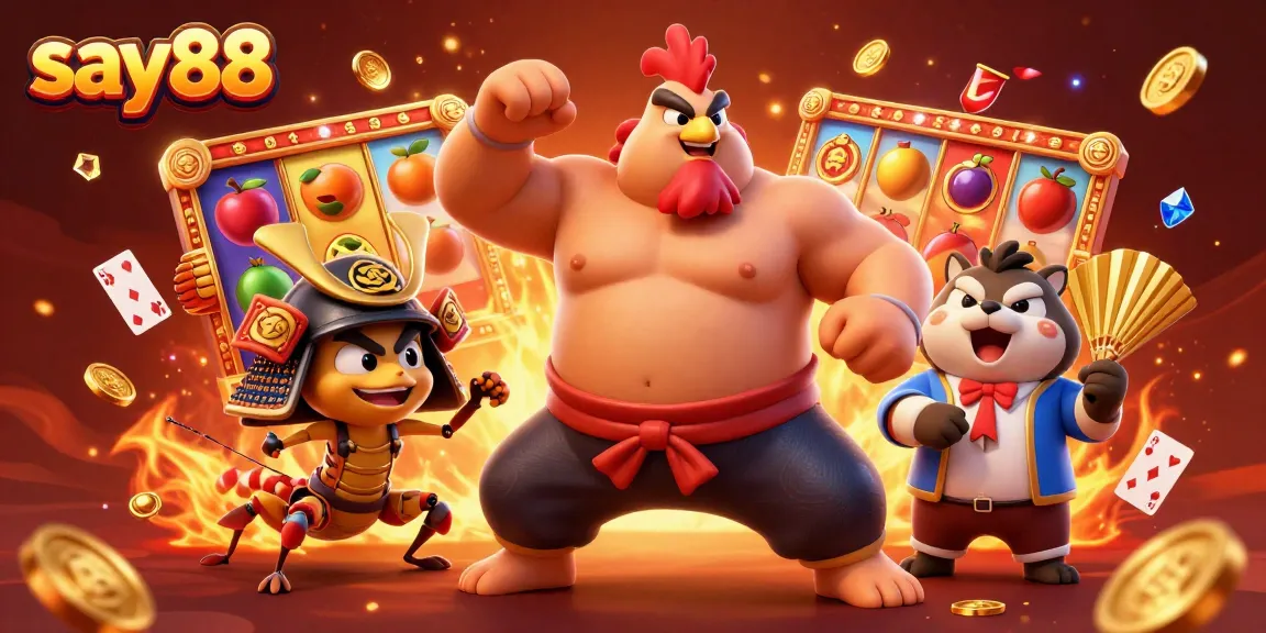 Experience thrilling action at say88 with a powerful sumo rooster and samurai cricket amid vibrant slot games.