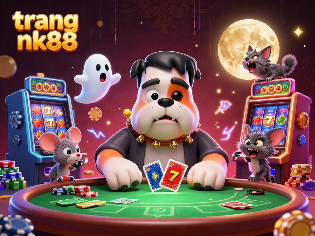 trang nk88 card-dealing Frankenstein bulldog at a lively poker table surrounded by rich casino elements