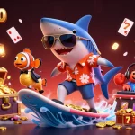 Surf thrilling slots with mpo500 as a hammer-head shark rides gold coins, surrounded by vibrant underwater elements.