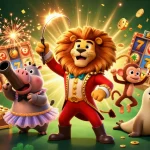 Exciting scene illustrating situs judi bola with cartoon characters and casino elements bursting with action.