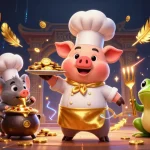 Berinteraksi dengan NAGA2000: sebuah adegan 3D yang cerah menampilkan babi koki, tikus sous-chef, dan katak kritikus di tengah tumpukan koin emas.