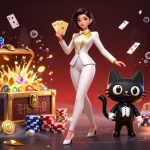 Engage in exciting Tài xỉu gameplay with a glamorous character shuffling cards amidst gold treasures.