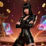 Engage with AA88 BET featuring a powerful Asian woman in a futuristic casino, surrounded by Bitcoin coins and betting tokens.