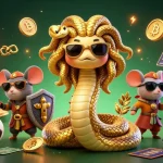 Bet on sports with mpo777's dynamic 3D illustration showcasing friendly Medusa, a warrior mouse, and vibrant gaming elements.