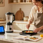 Bright kitchen scene showcasing smart kitchen gadgets like a high-tech blender, highlighting an inviting cooking atmosphere.