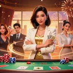 Experience thrilling online casino games with a glamorous character holding cards amidst vibrant celebrating elements.