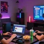 Pajaktoto togel gaming scene with friends sharing excitement in a modern lounge.